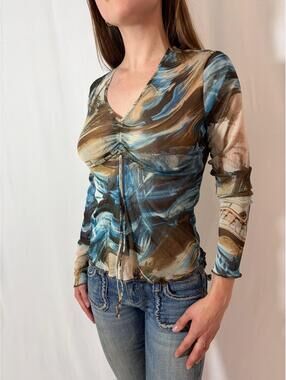 True Vintage Y2K Mesh Abstract Print Long Sleeve Top